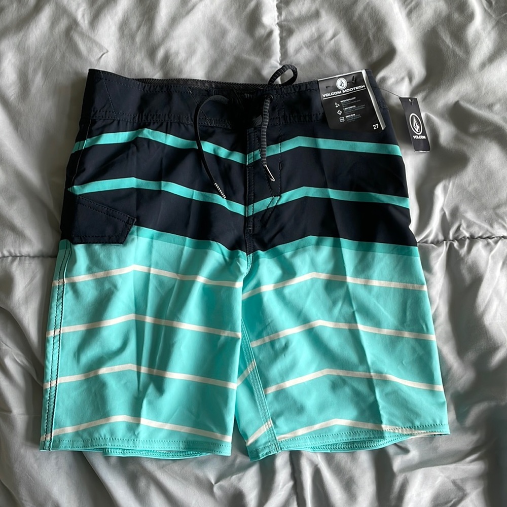 Volcom Boys' Teal, Black & White Striped Swim Trunks